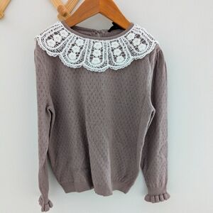 Bamboo Soft Taupe Girls Sweater with Lace Collar Size 8